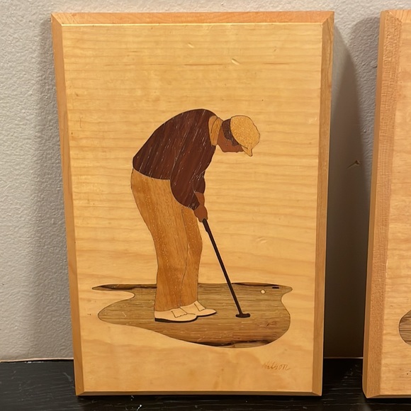 Vintage American Marquetry golf art. 3pc set. - Picture 2 of 8